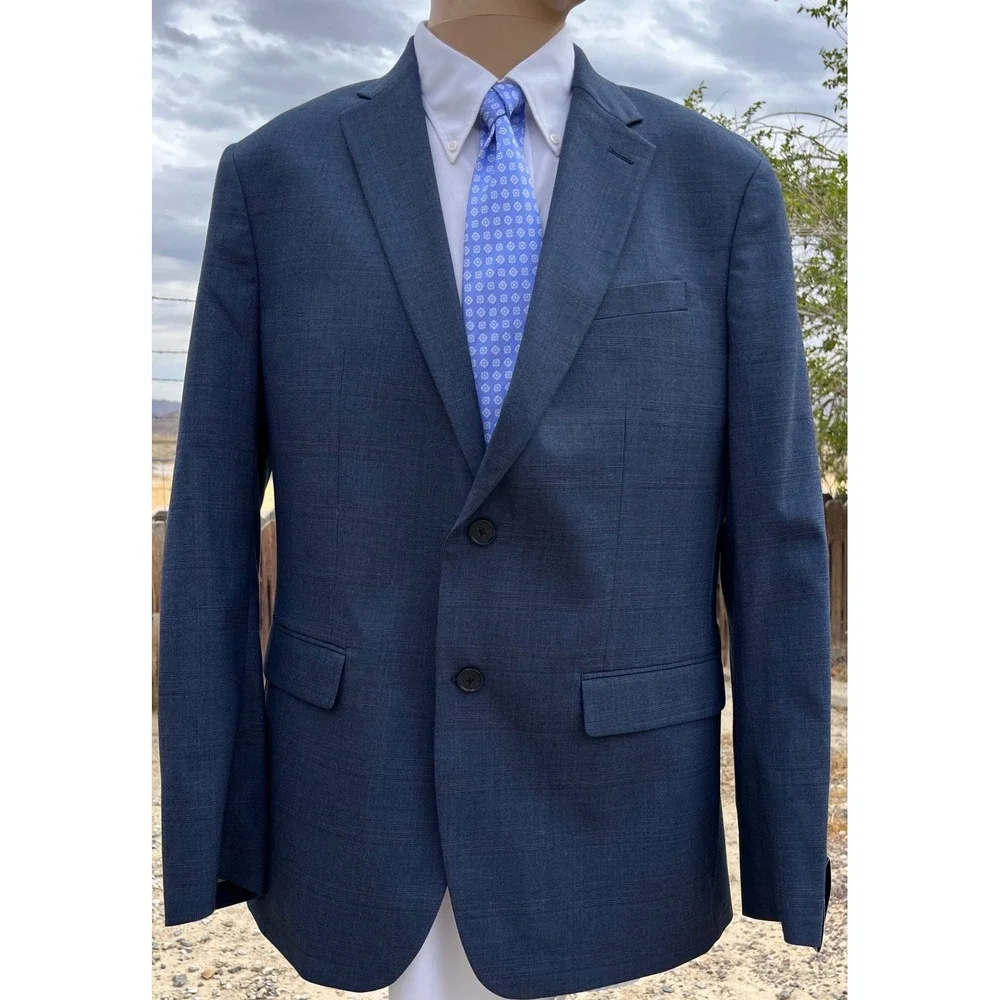 New Banana Republic Blazer Men 44R Blue Slim Fit Glen Plaid Suit Jacket Stretch